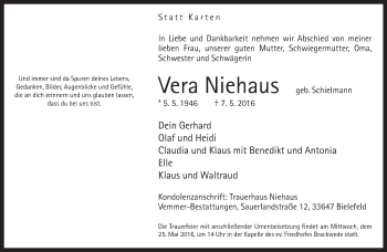 Traueranzeige von Vera Niehaus von Neue Westfälische