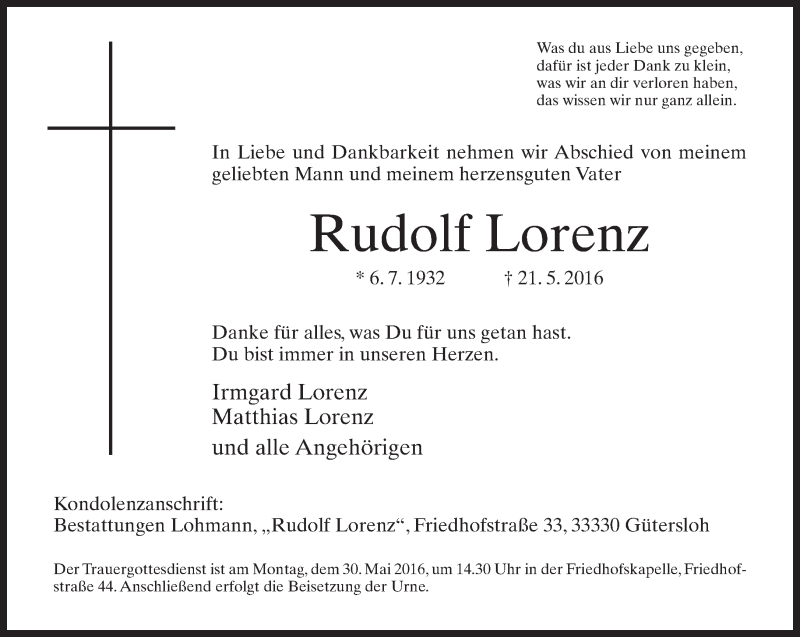  Traueranzeige für Rudolf Lorenz vom 25.05.2016 aus Neue Westfälische