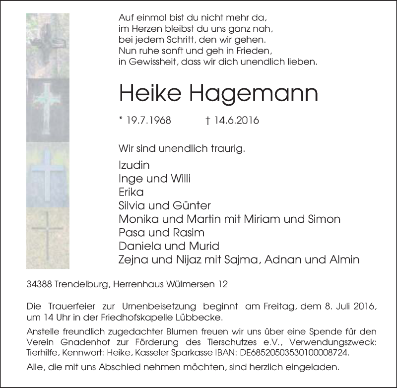  Traueranzeige für Heike Hagemann vom 22.06.2016 aus Neue Westfälische