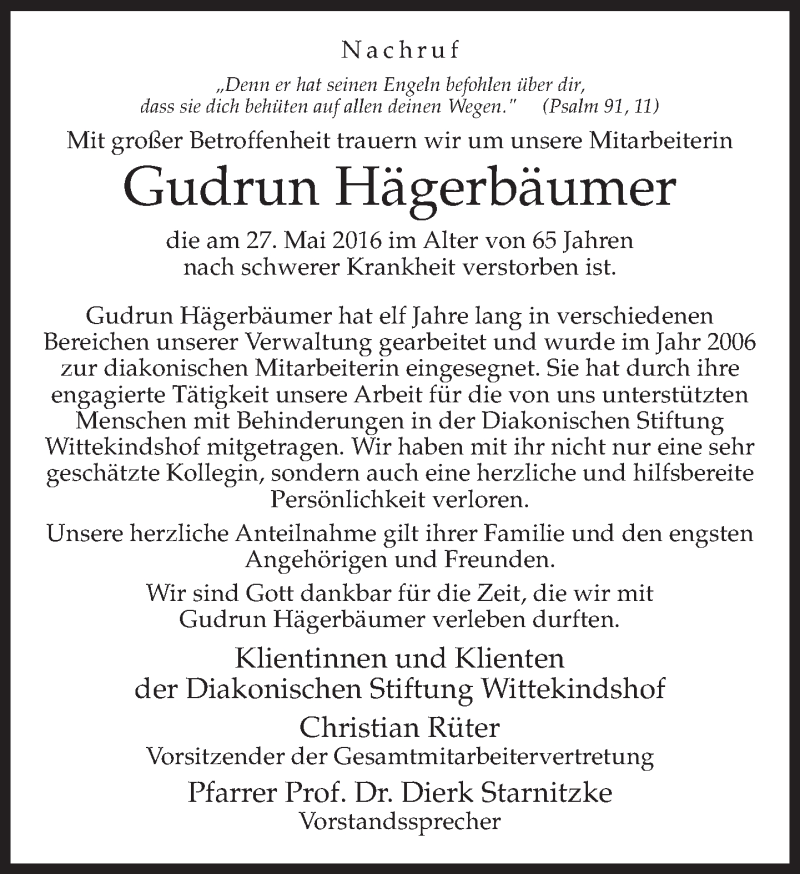  Traueranzeige für Gudrun Hägerbäumer vom 15.06.2016 aus Neue Westfälische