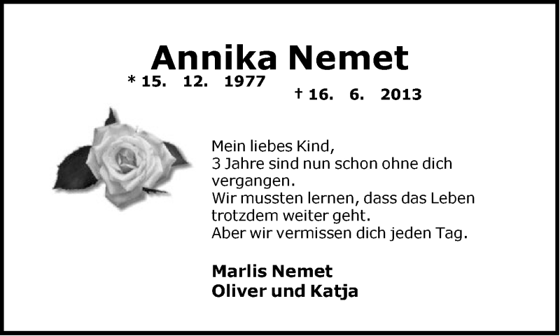  Traueranzeige für Annika Nemet vom 16.06.2016 aus Neue Westfälische