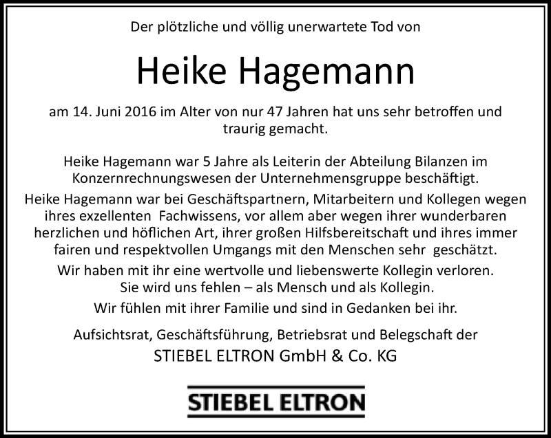  Traueranzeige für Heike Hagemann vom 23.06.2016 aus Neue Westfälische