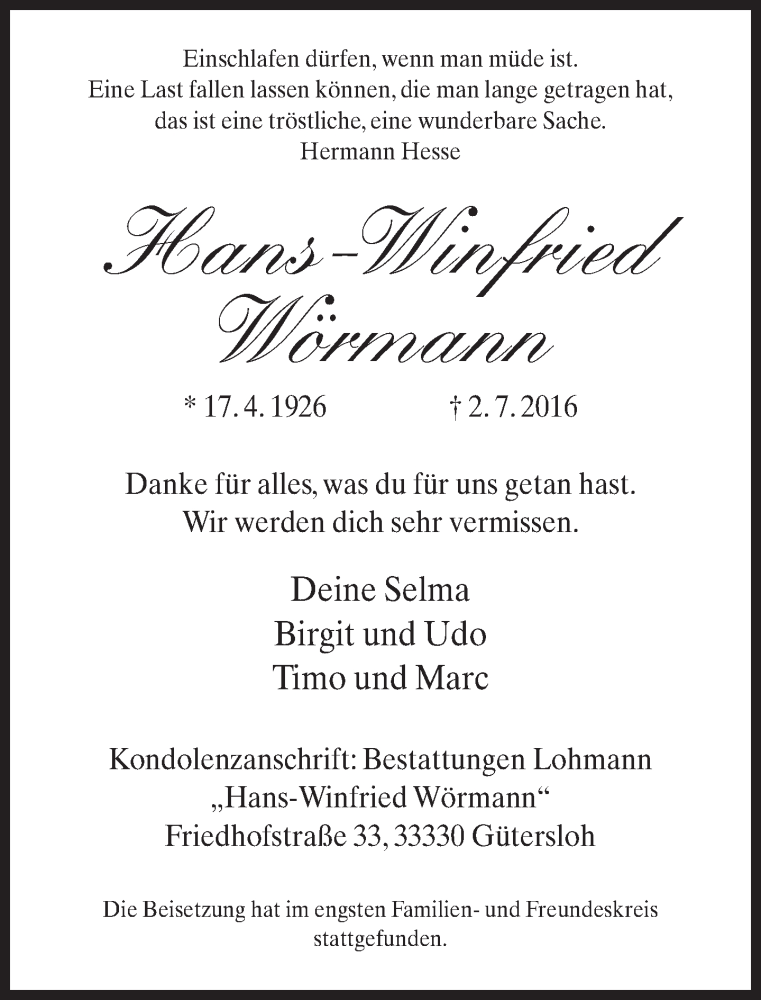  Traueranzeige für Hans-Winfried Wörmann vom 09.07.2016 aus Neue Westfälische