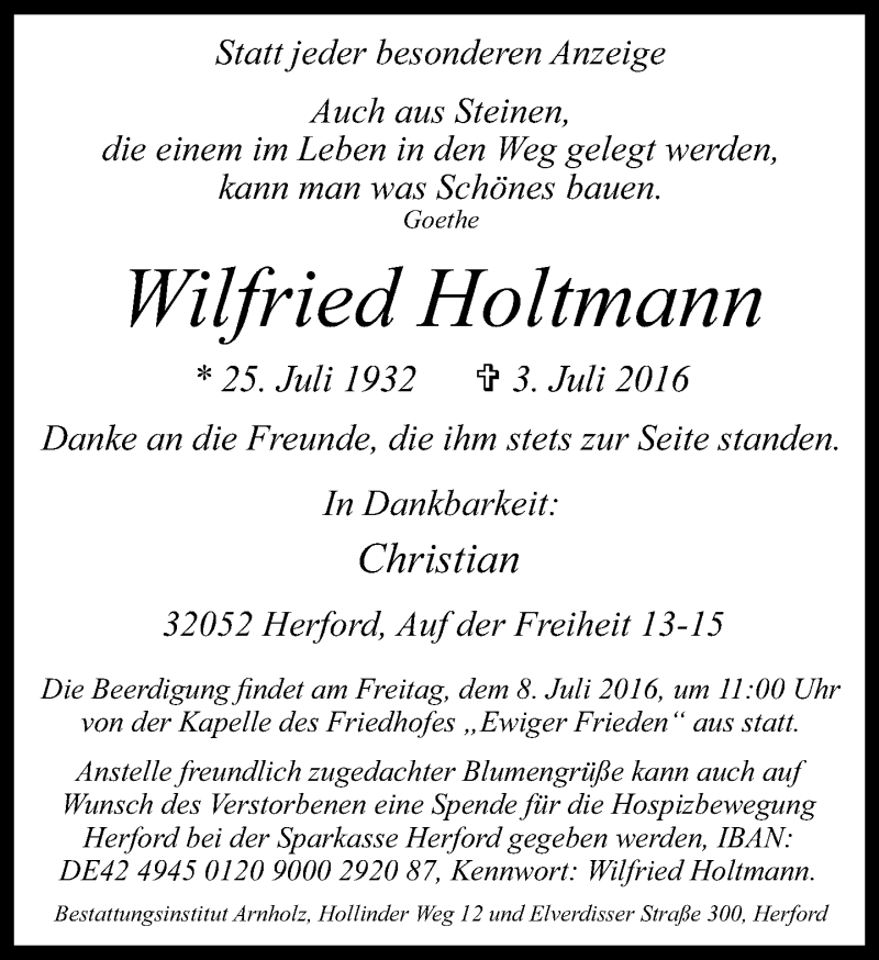  Traueranzeige für Wilfried Holtmann vom 05.07.2016 aus Neue Westfälische
