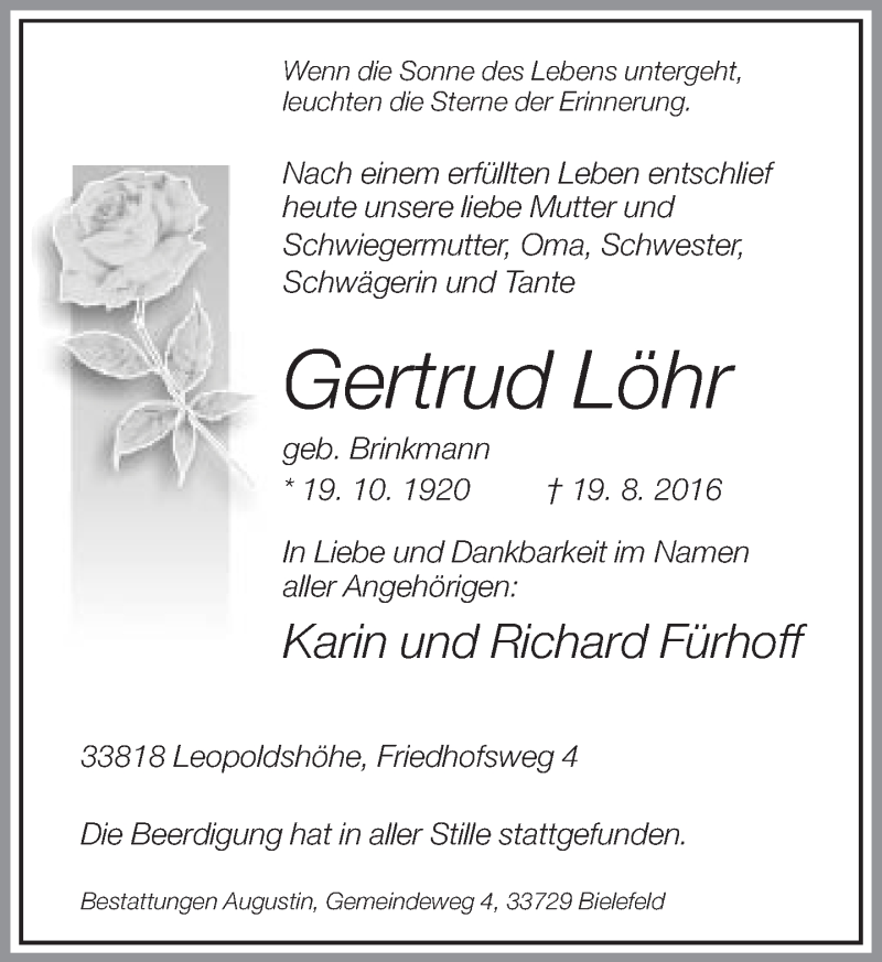  Traueranzeige für Gertrud Löhr vom 25.08.2016 aus Neue Westfälische