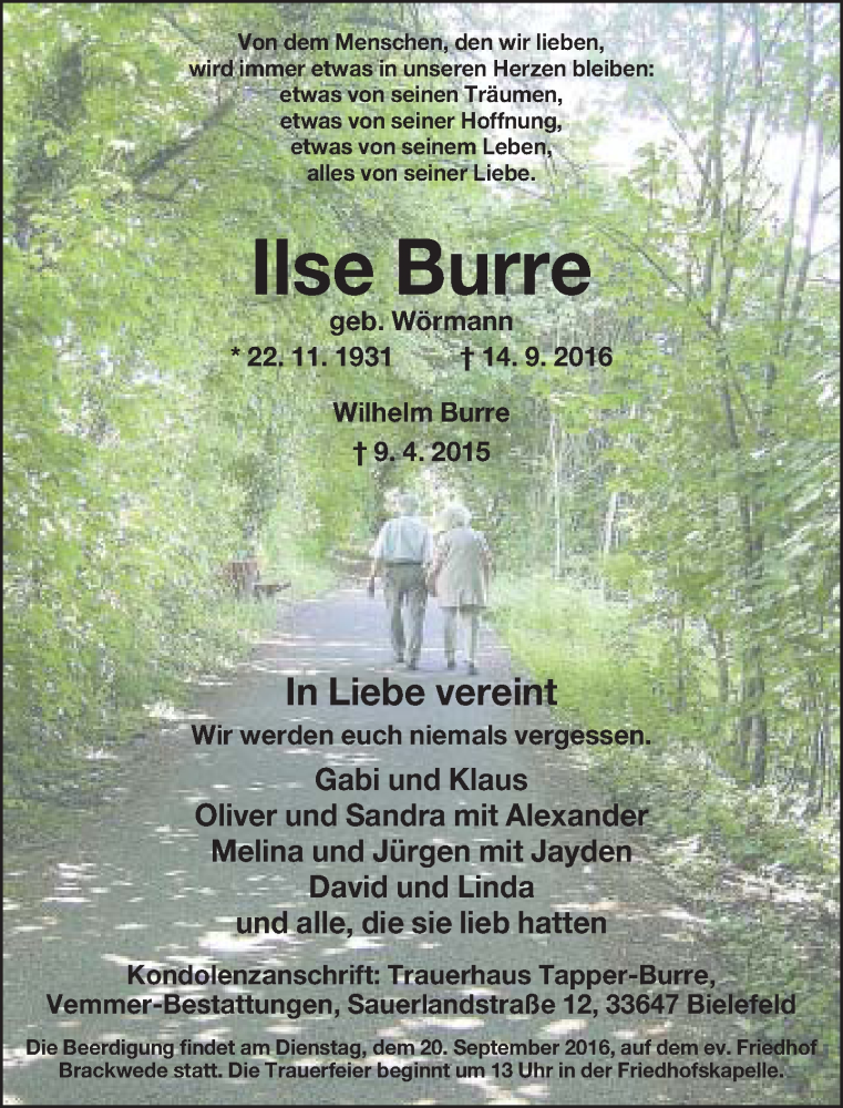  Traueranzeige für Ilse Burre vom 17.09.2016 aus Neue Westfälische