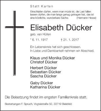 Traueranzeige von Elisabeth Dücker