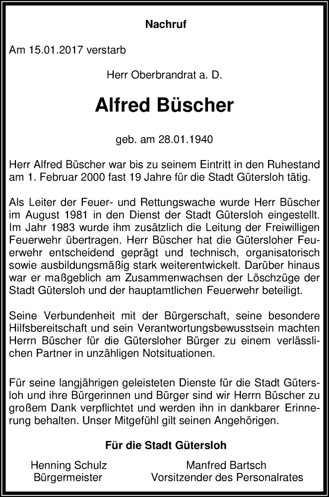  Traueranzeige für Alfred Büscher vom 26.01.2017 aus Neue Westfälische