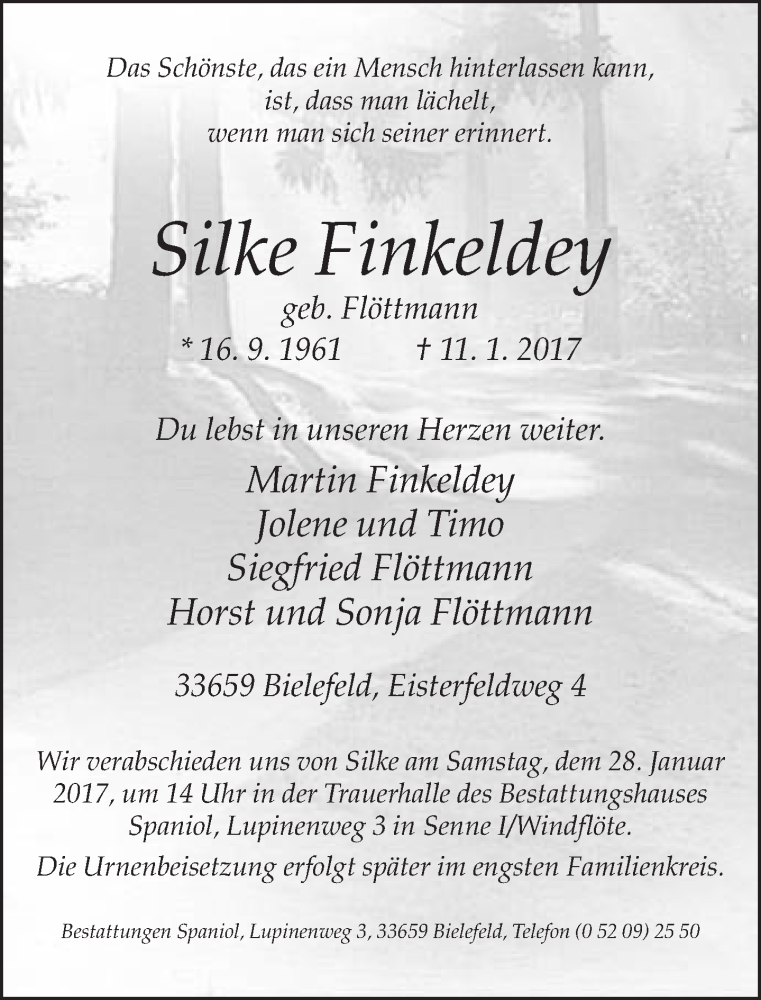  Traueranzeige für Silke Finkeldey vom 21.01.2017 aus Neue Westfälische