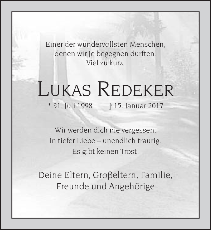  Traueranzeige für Lukas Redeker vom 20.01.2017 aus Neue Westfälische