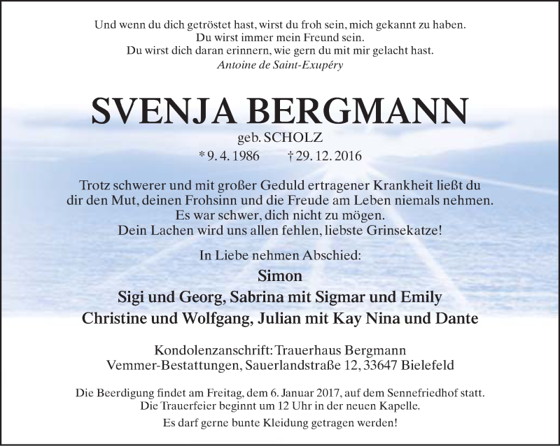  Traueranzeige für Svenja Bergmann vom 04.01.2017 aus Neue Westfälische