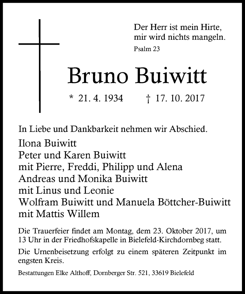  Traueranzeige für Bruno Buiwitt vom 21.10.2017 aus Neue Westfälische