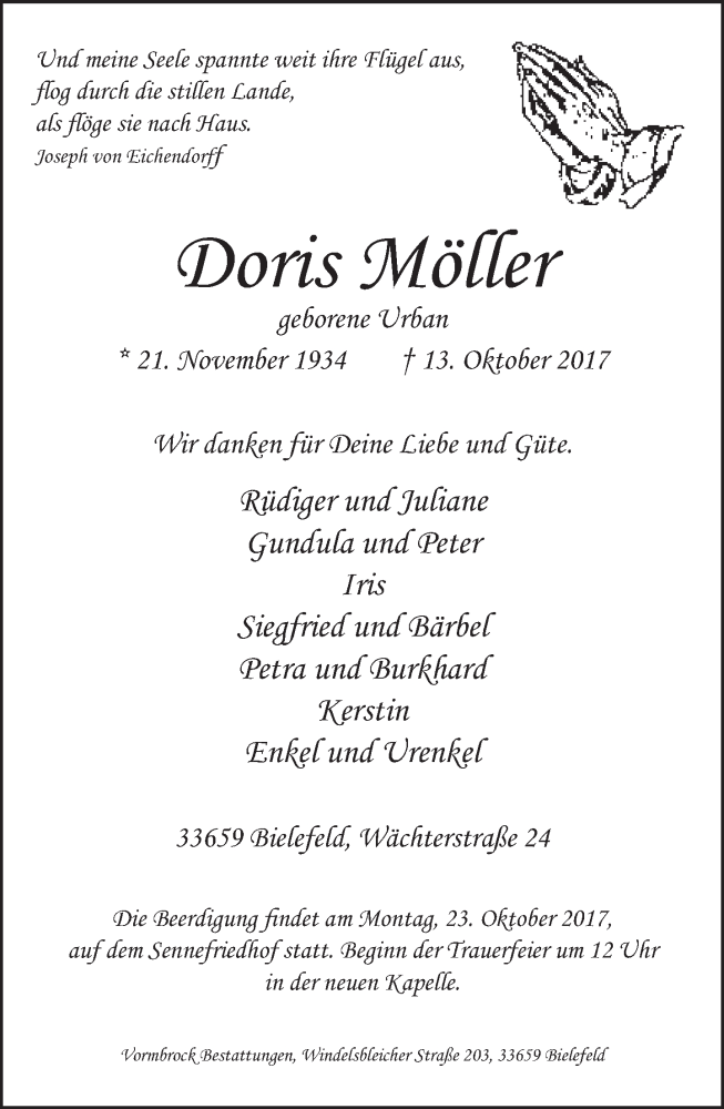  Traueranzeige für Doris Möller vom 18.10.2017 aus Neue Westfälische