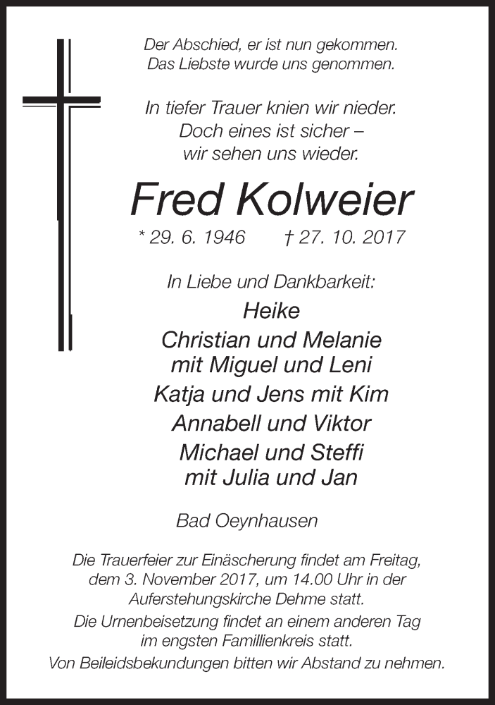  Traueranzeige für Fred Kolweier vom 30.10.2017 aus Neue Westfälische