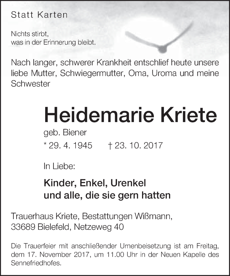 Traueranzeige für Heidemarie Kriete vom 28.10.2017 aus Neue Westfälische