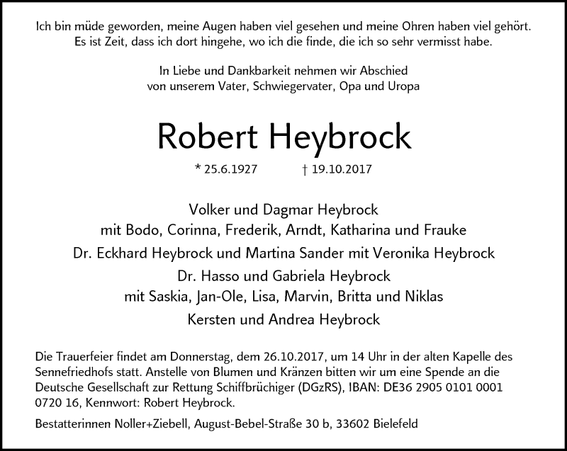  Traueranzeige für Robert Heybrock vom 23.10.2017 aus Neue Westfälische