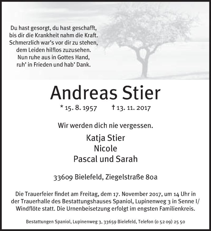  Traueranzeige für Andreas Stier vom 15.11.2017 aus Neue Westfälische