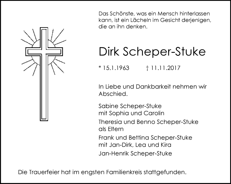  Traueranzeige für Dirk Scheper-Stuke vom 18.11.2017 aus Neue Westfälische
