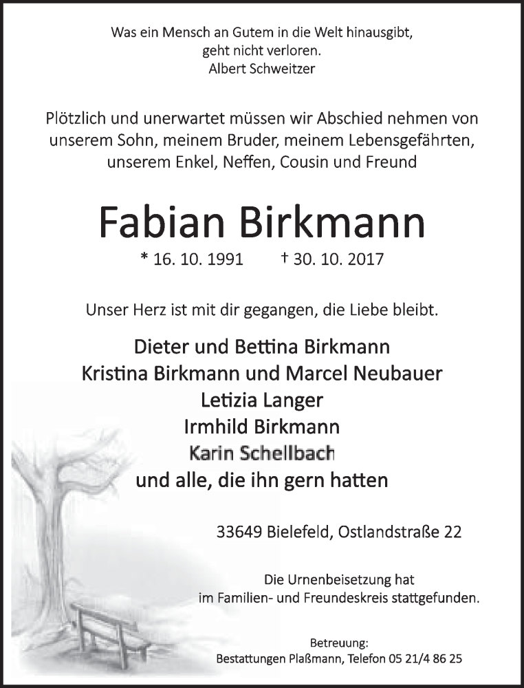  Traueranzeige für Fabian Birkmann vom 18.11.2017 aus Neue Westfälische