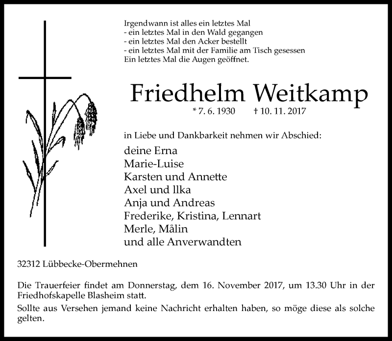  Traueranzeige für Friedhelm Weitkamp vom 11.11.2017 aus Neue Westfälische