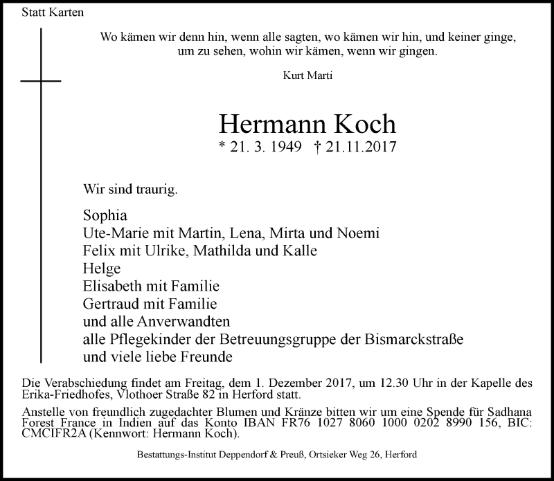  Traueranzeige für Hermann Koch vom 25.11.2017 aus Neue Westfälische