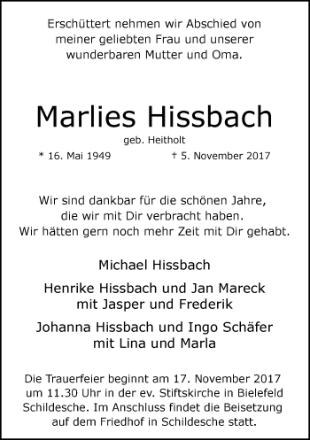 Traueranzeige von Marlies Hissbach
