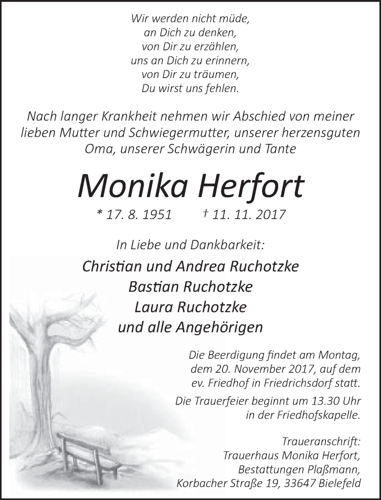  Traueranzeige für Monika Herfort vom 16.11.2017 aus Neue Westfälische