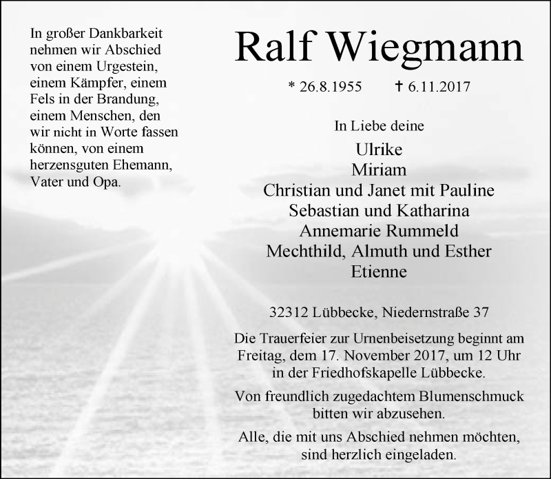  Traueranzeige für Ralf Wiegmann vom 11.11.2017 aus Neue Westfälische