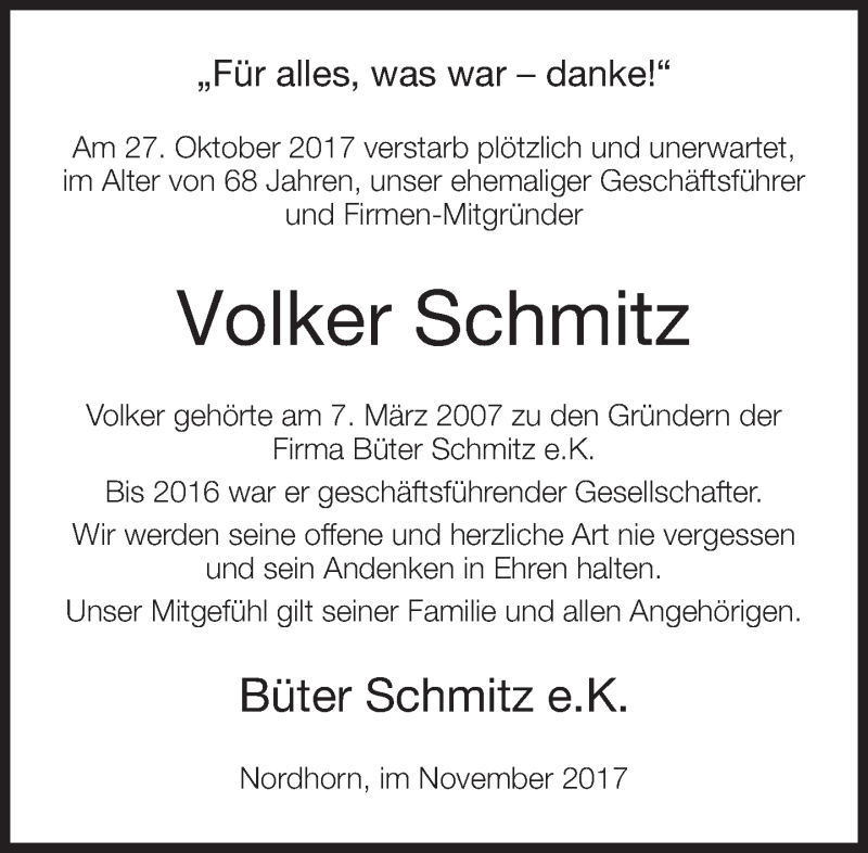  Traueranzeige für Volker Schmitz vom 04.11.2017 aus Neue Westfälische