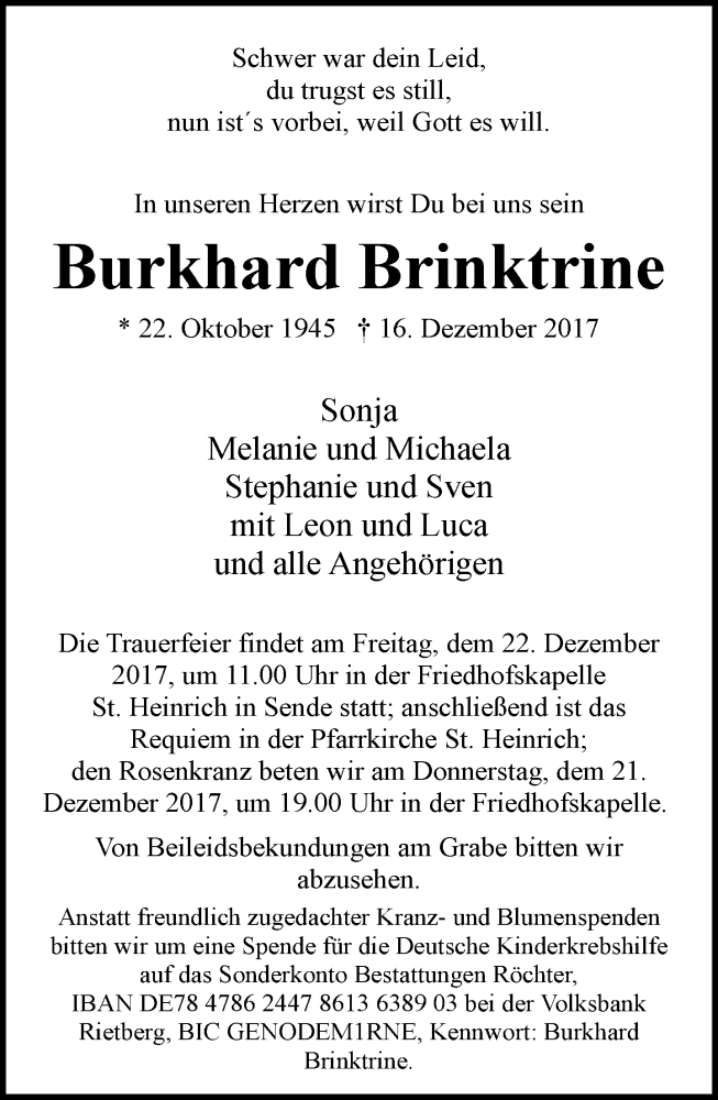  Traueranzeige für Burkhard Brinktrine vom 19.12.2017 aus Neue Westfälische