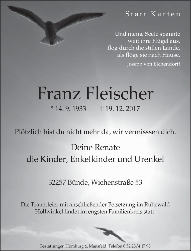  Traueranzeige für Franz Fleischer vom 27.12.2017 aus Neue Westfälische