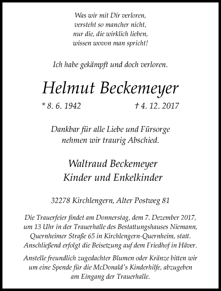  Traueranzeige für Helmut Beckemeyer vom 05.12.2017 aus Neue Westfälische