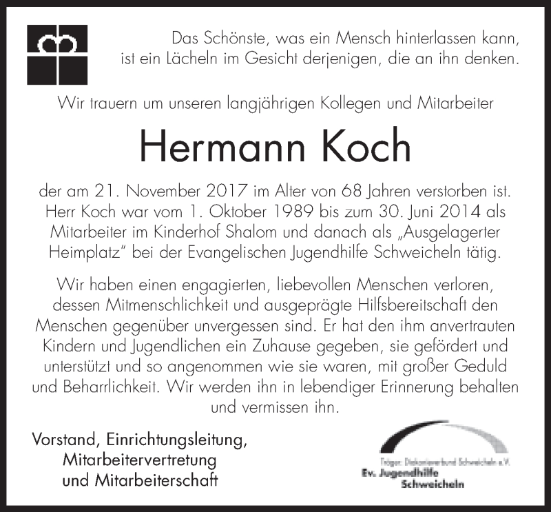  Traueranzeige für Hermann Koch vom 01.12.2017 aus Neue Westfälische