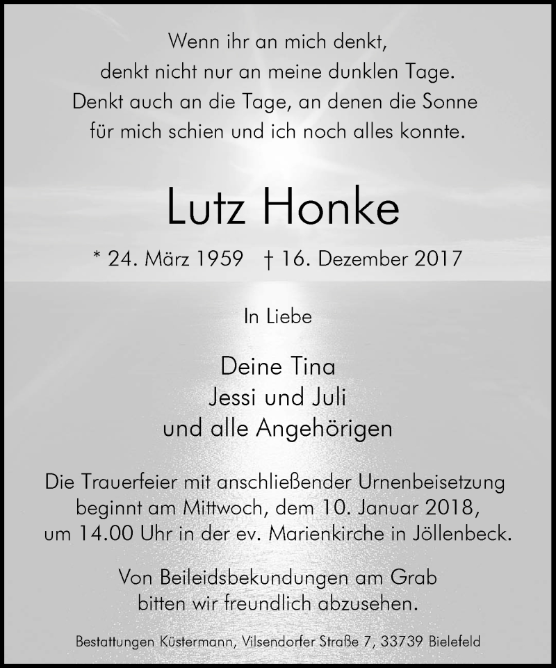  Traueranzeige für Lutz Honke vom 23.12.2017 aus Neue Westfälische
