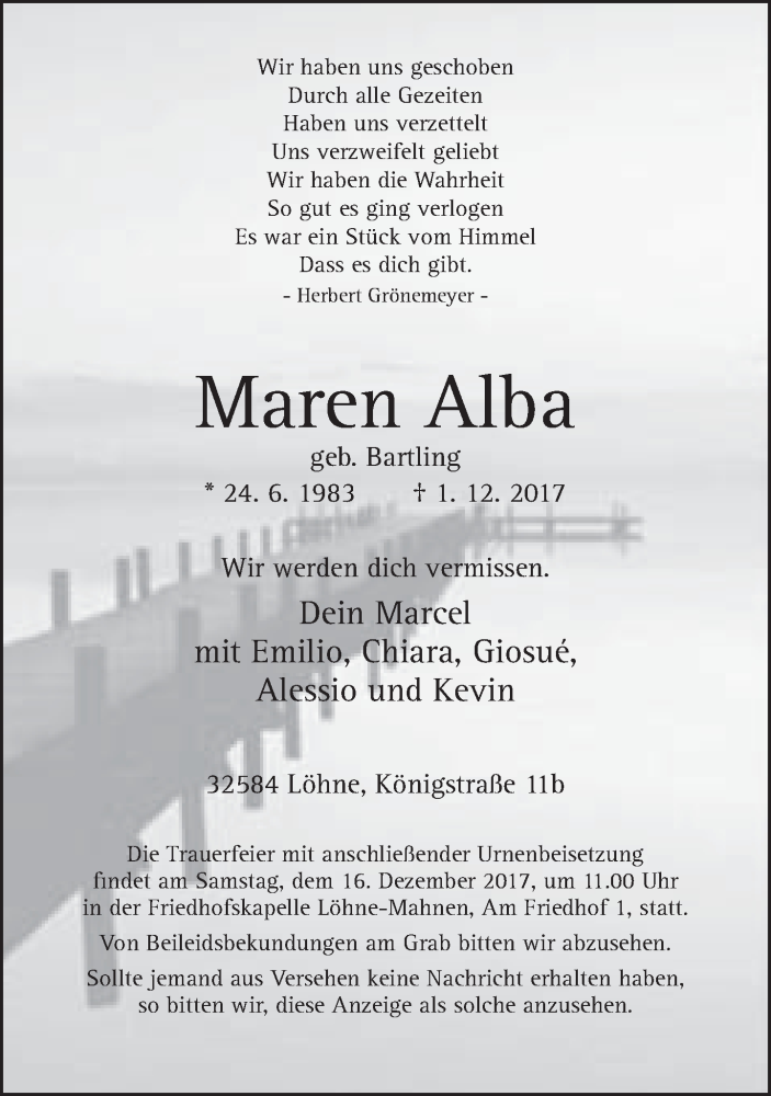  Traueranzeige für Maren Alba vom 06.12.2017 aus Neue Westfälische