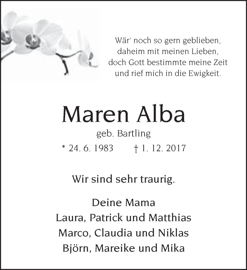  Traueranzeige für Maren Alba vom 06.12.2017 aus Neue Westfälische