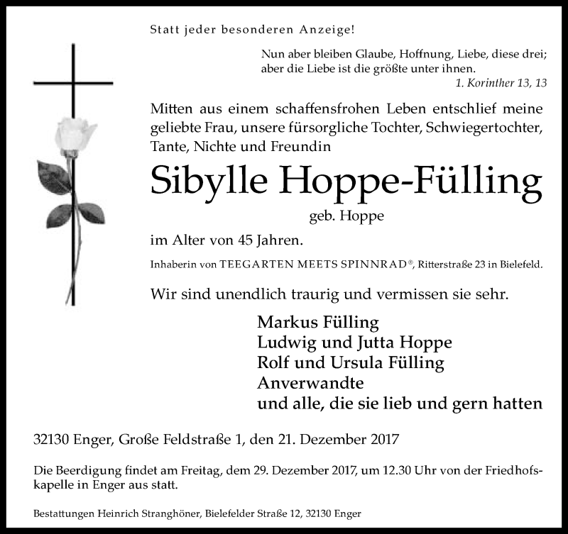  Traueranzeige für Sibylle Hoppe-Fülling vom 23.12.2017 aus Neue Westfälische