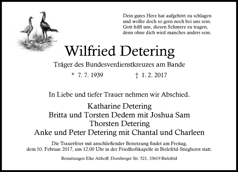  Traueranzeige für Wilfried Detering vom 04.02.2017 aus Neue Westfälische