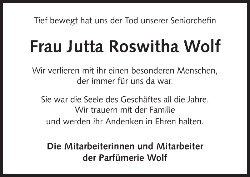  Traueranzeige für Jutta Roswitha Wolf vom 15.02.2017 aus Neue Westfälische