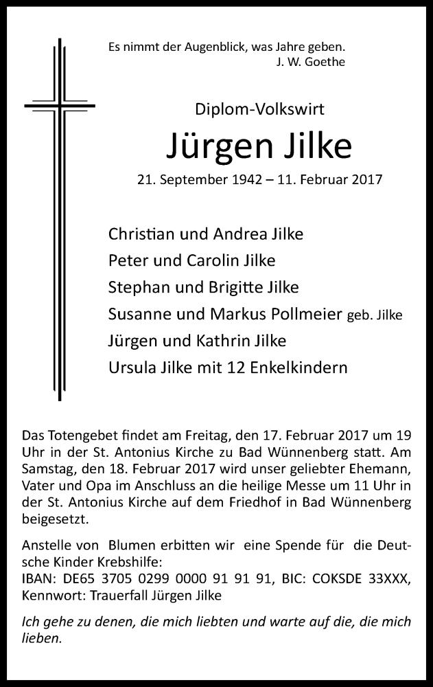  Traueranzeige für Jürgen Jilke  vom 15.02.2017 aus Neue Westfälische