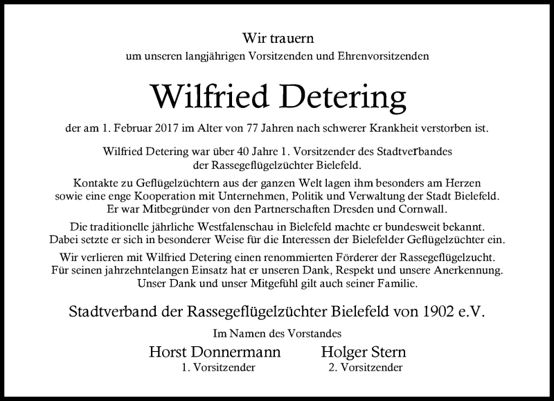  Traueranzeige für Wilfried Detering vom 04.02.2017 aus Neue Westfälische