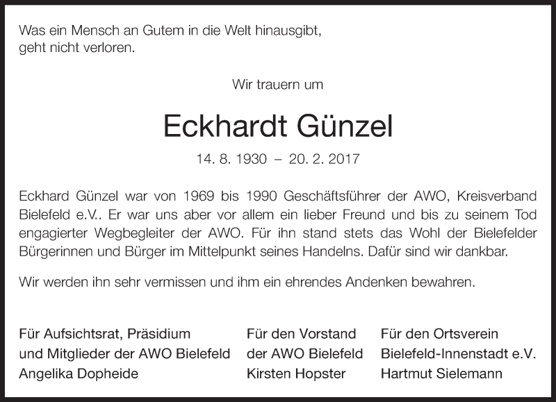  Traueranzeige für Eckhardt Günzel vom 27.02.2017 aus Neue Westfälische