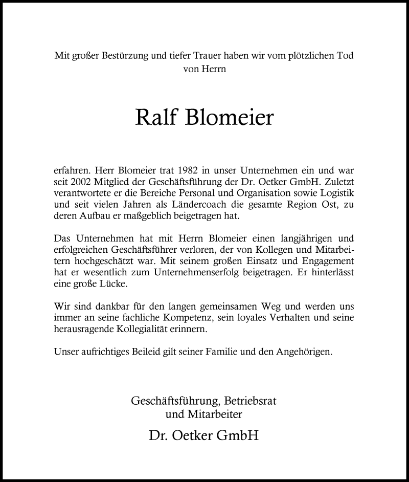  Traueranzeige für Ralf Blomeier vom 07.02.2017 aus Neue Westfälische