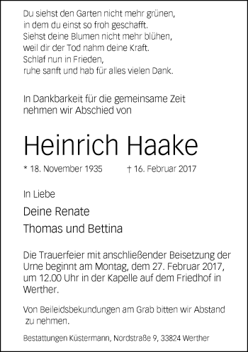 Traueranzeige von Heinrich Haake