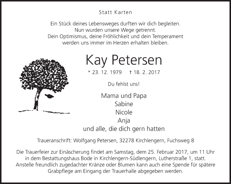  Traueranzeige für Kay Petersen vom 22.02.2017 aus Neue Westfälische