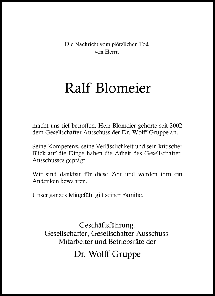  Traueranzeige für Ralf Blomeier vom 08.02.2017 aus Neue Westfälische