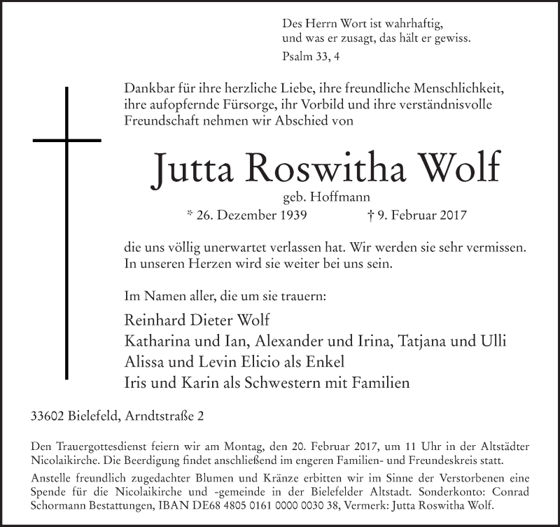  Traueranzeige für Jutta Roswitha Wolf vom 15.02.2017 aus Neue Westfälische