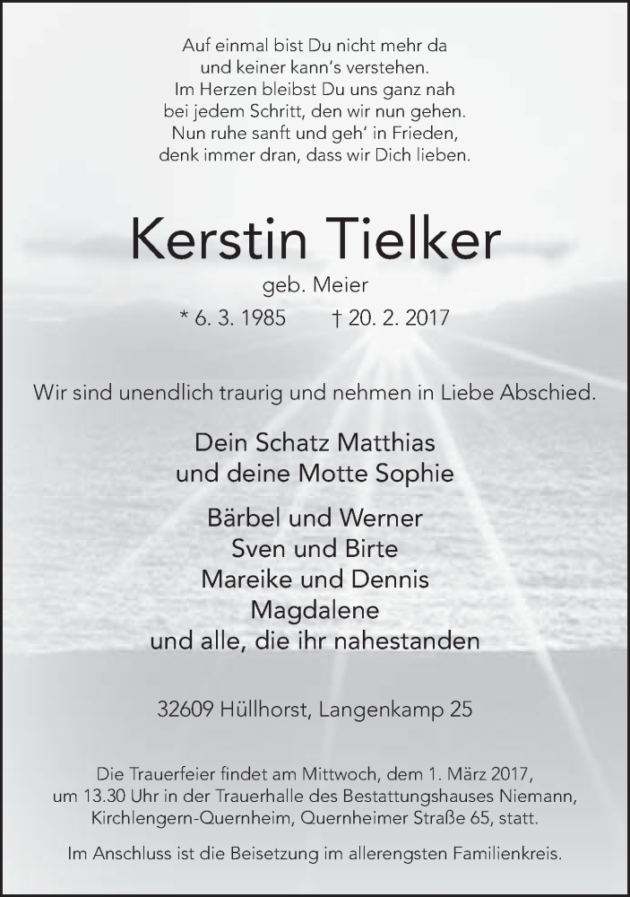  Traueranzeige für Kerstin Tielker vom 25.02.2017 aus Neue Westfälische