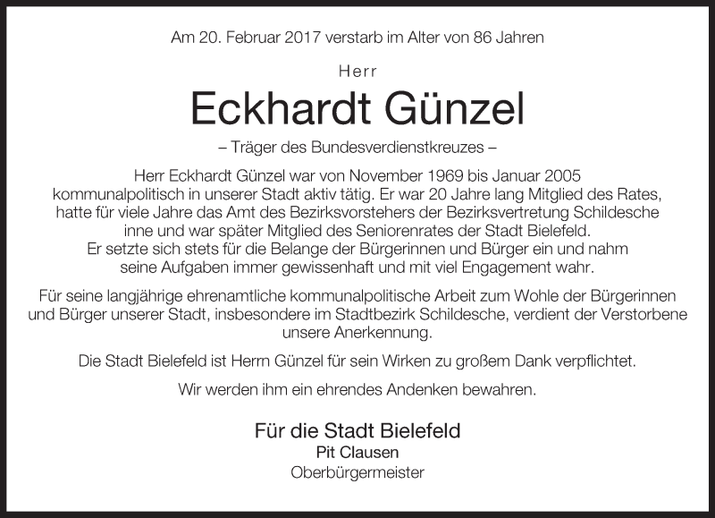  Traueranzeige für Eckhardt Günzel vom 01.03.2017 aus Neue Westfälische