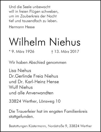 Traueranzeige von Wilhelm Niehus